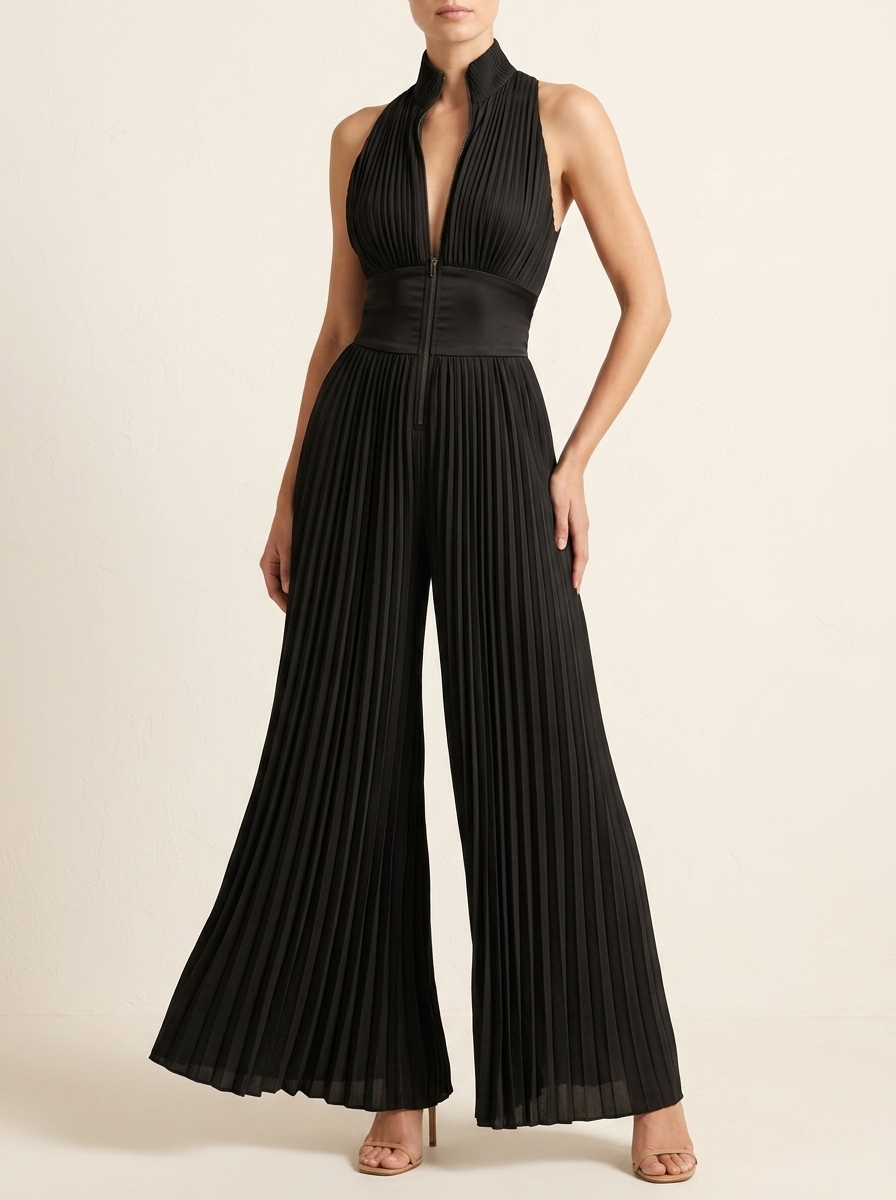 Black V-neck Sleeveless Zip-up Pleated Wide-leg Chiffon Jumpsuit | Jumpsuit