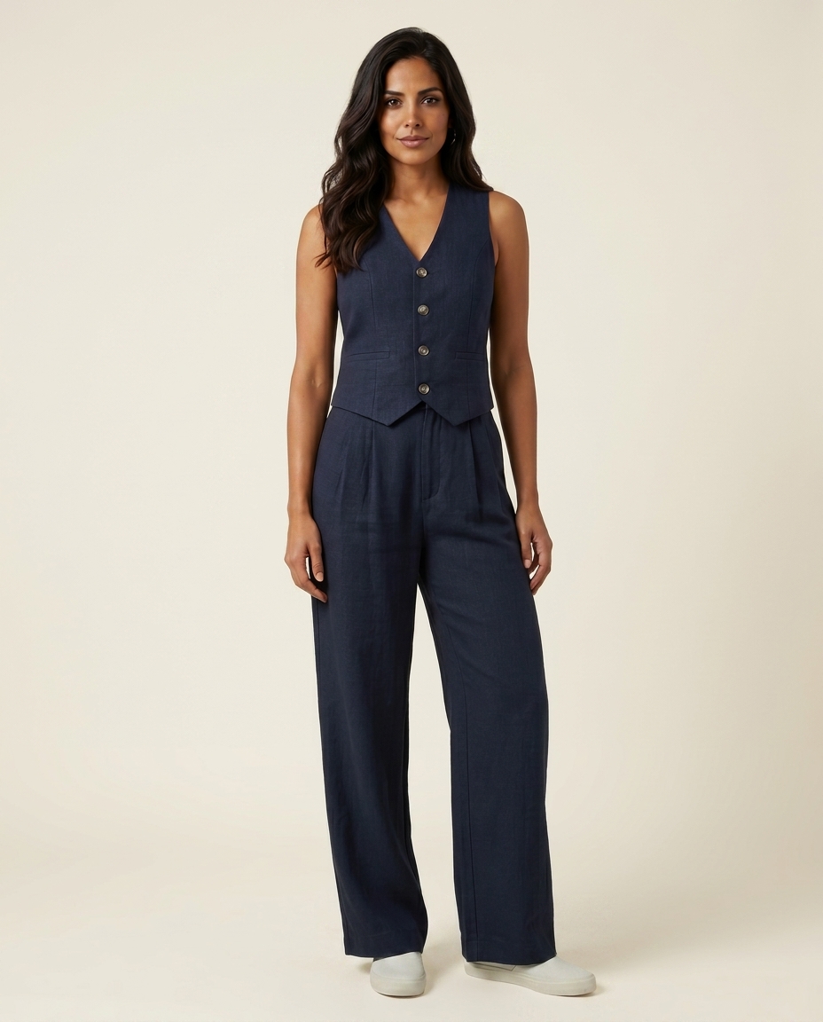 Valentina Moreau | Tailored Linen Co-Ord Set For Women | Vest & Trouser Set