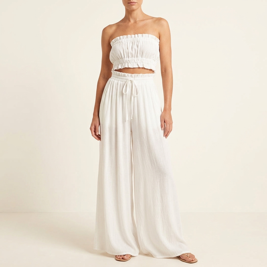 Terra | Women's High Waist Wide Leg Pants Smocked Drawstring | Wide Leg Pants