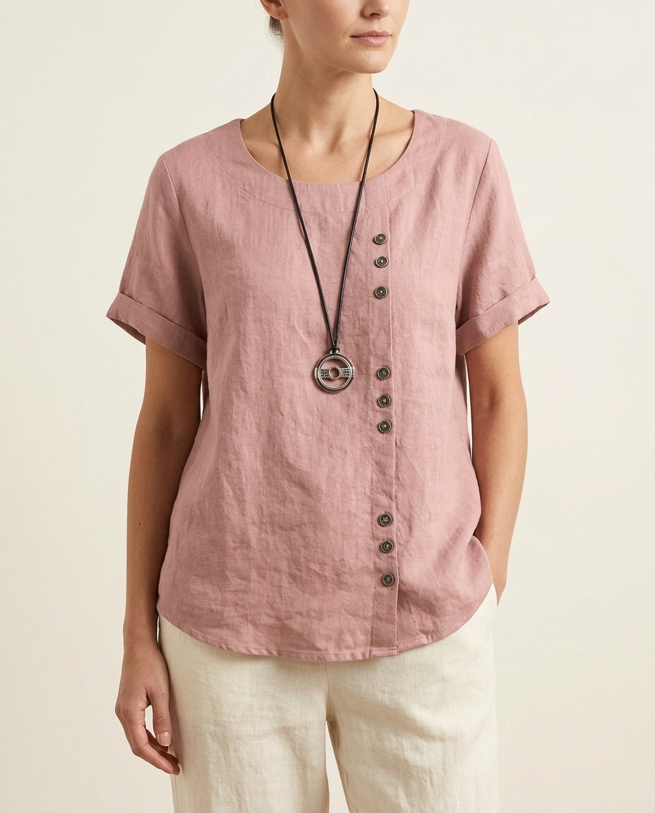 Linen | Women's Button Front Crew Neck Short Sleeve Casual Top | Casual Top