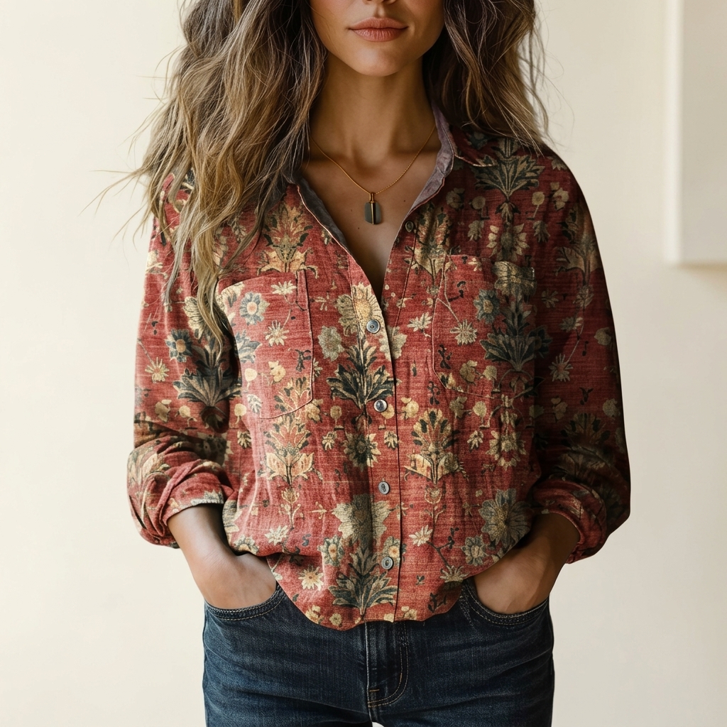 Autumn | Women's Vintage Floral Print Long Sleeve Button-Down Shirt | Floral Shirt