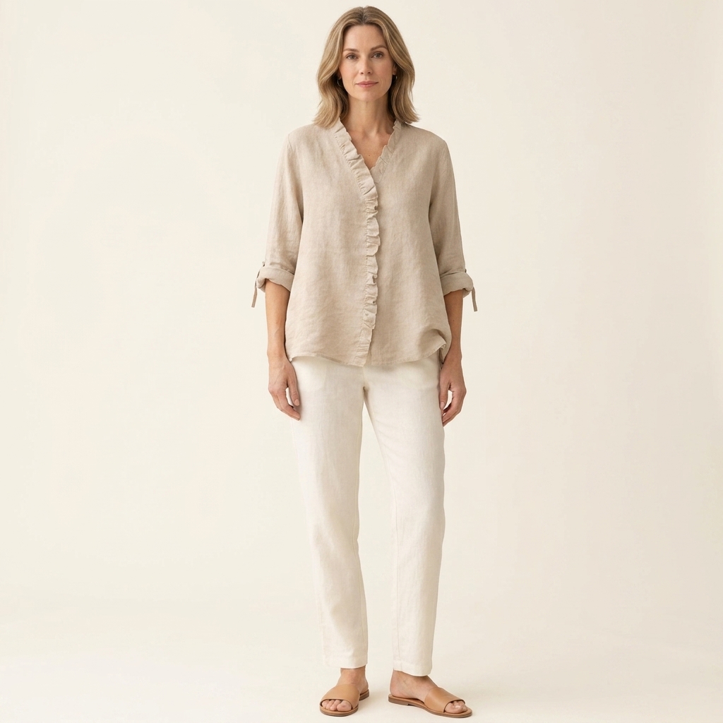Sanelle | Elegant Ruffled Shirt in Cotton and Linen | Ruffled Shirt