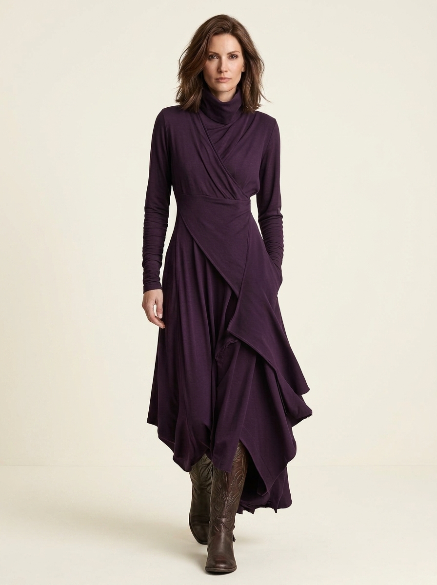 Arielle™ Vintage Asymmetrical Turtleneck Dress | Turtleneck Dress